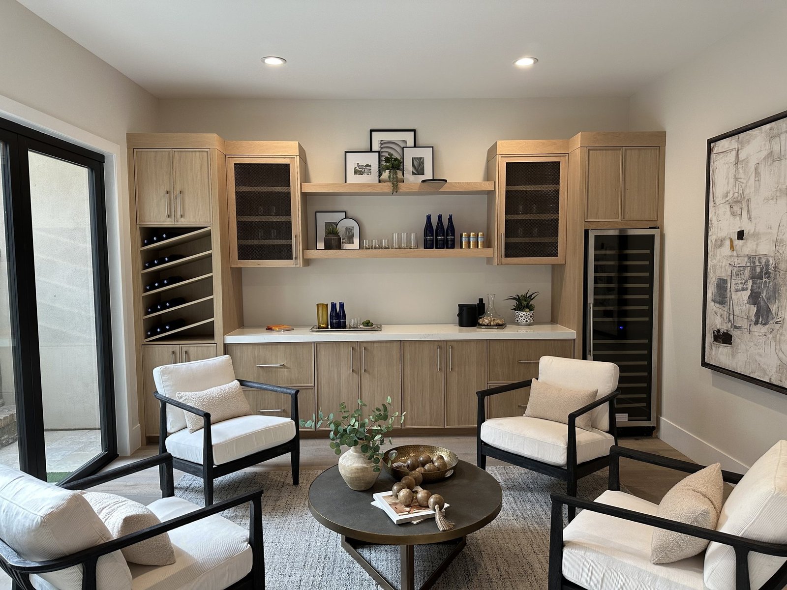 The finished lounge with integrated lighting and built-in cabinetry