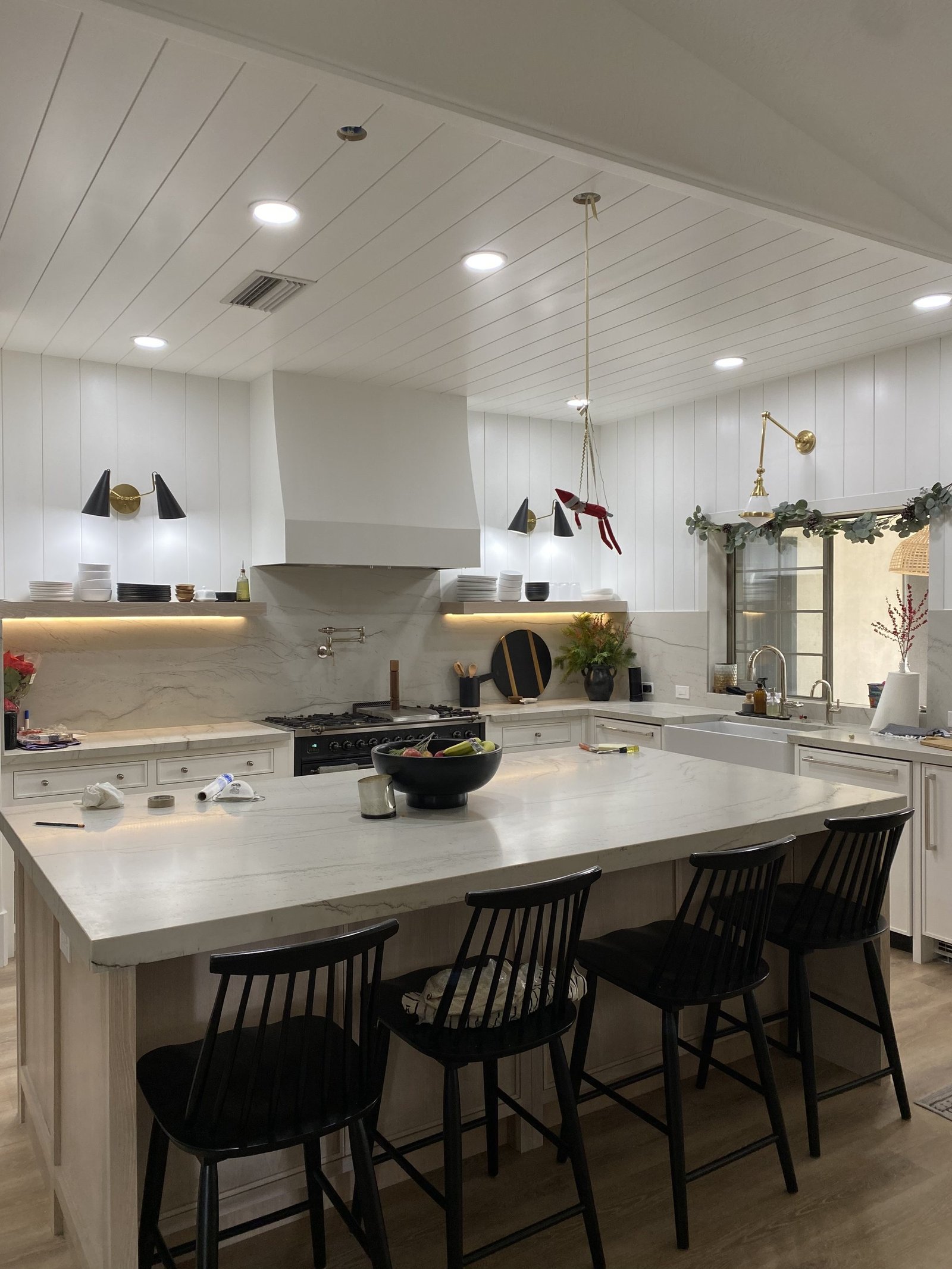 Kitchen with shiplap ceiling